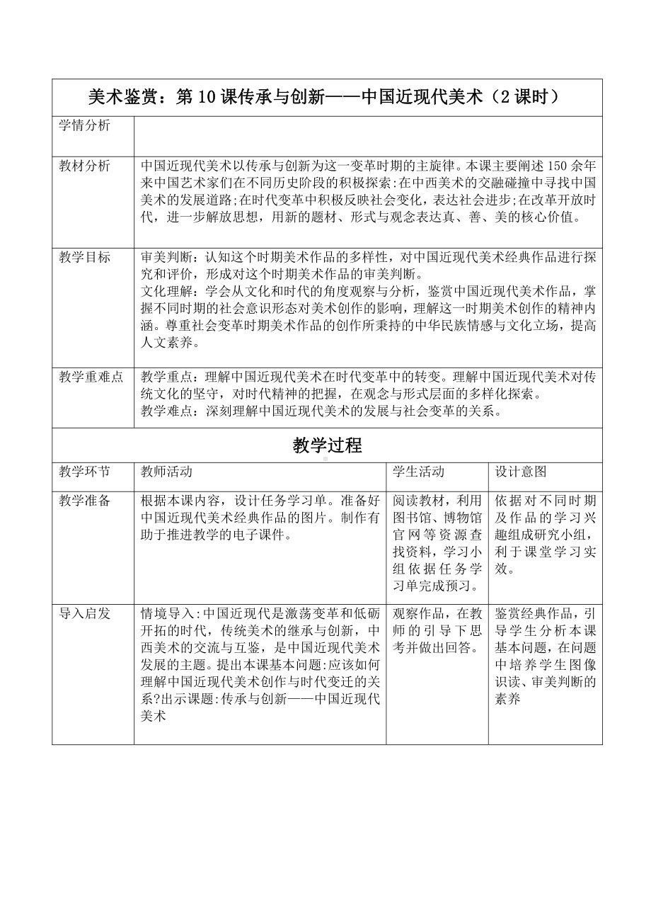 第10课传承与创新-中国近现代美术教案—（2021新）人教版高中美术鉴赏.docx_第1页