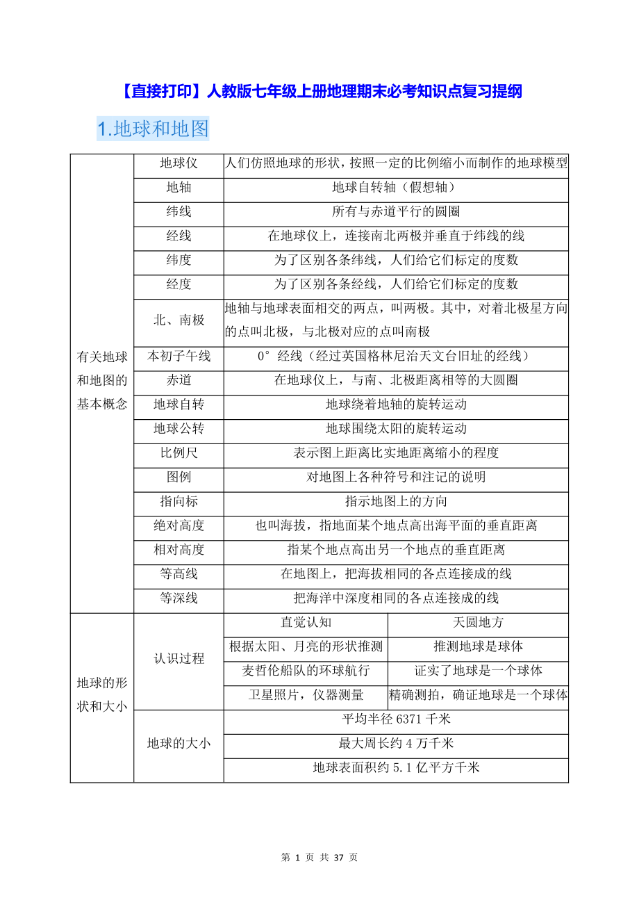 （直接打印）人教版七年级上册地理期末必考知识点复习提纲（含期末试卷及答案2套）.docx_第1页