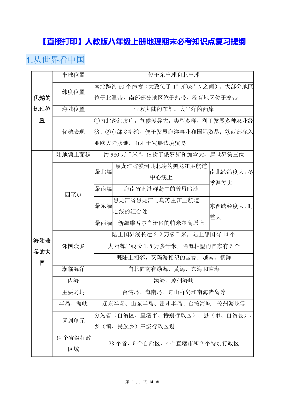 （直接打印）人教版八年级上册地理期末必考知识点复习提纲.docx_第1页