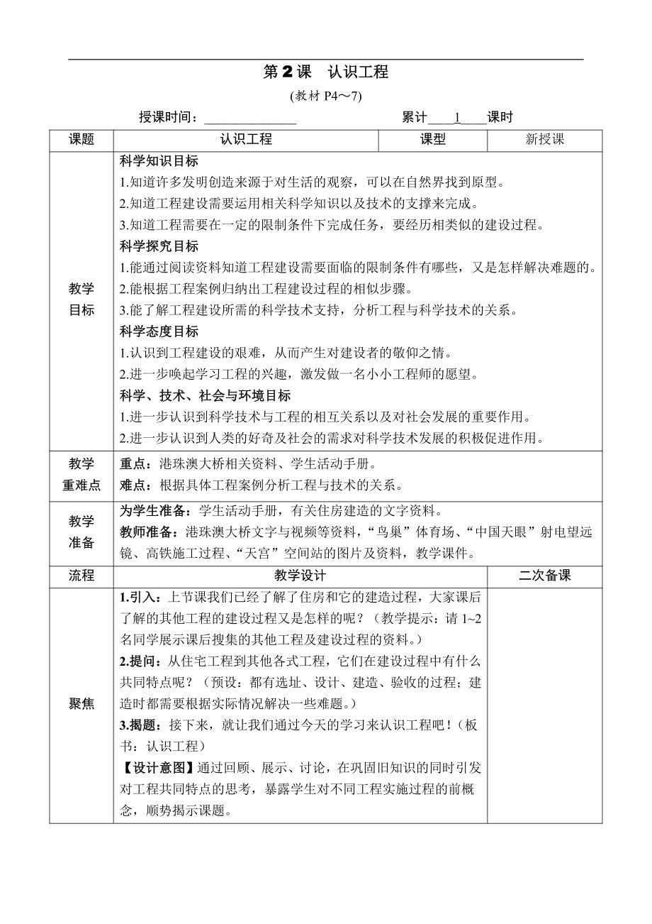 1.2 认识工程 教案（含教学反思+作业设计）-2022新教科版六年级下册《科学》.docx_第1页