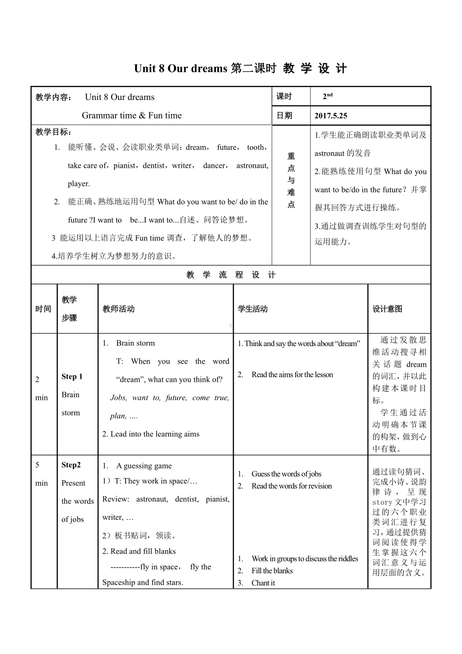 Unit 8 Our dreams-Grammar & Fun time-教案、教学设计-部级公开课-新牛津译林版六年级下册英语(配套课件编号：0119a).doc_第1页