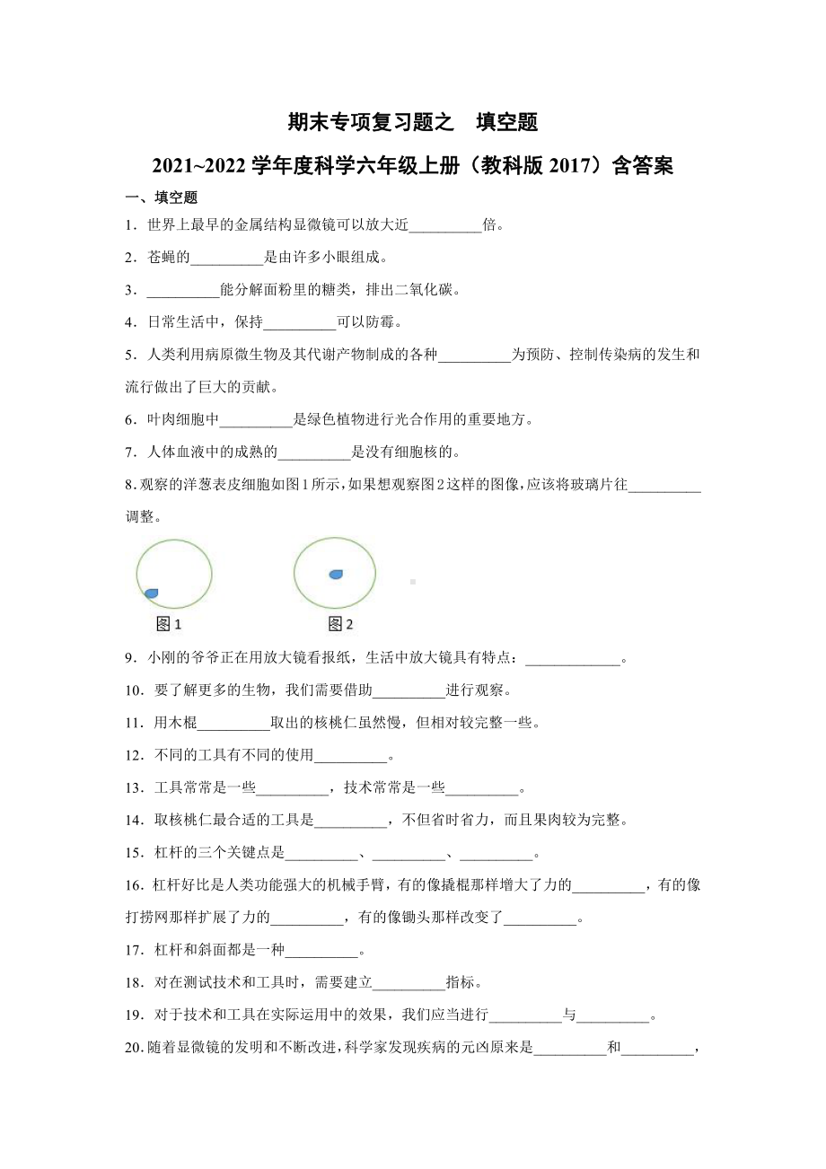 2021新教科版六年级上册科学期末专项复习题之填空题（共40题,含答案）.docx_第1页