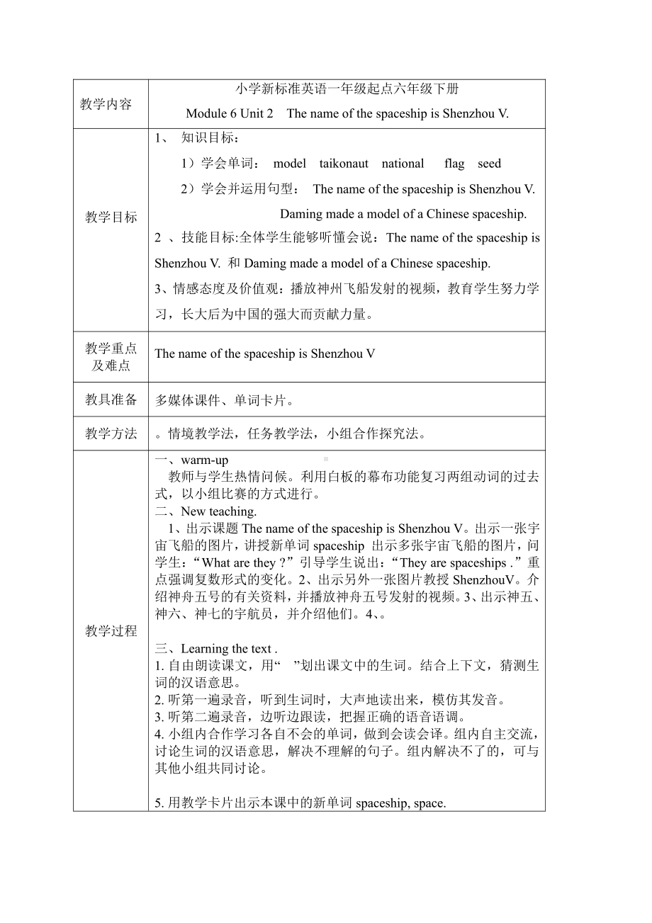 Module 6-Unit 2 The name of the spaceship is Shenzhou V.-公开课教案、教学设计-外研版六年级下册（一起）英语-(配套课件编号：7022b).doc_第1页