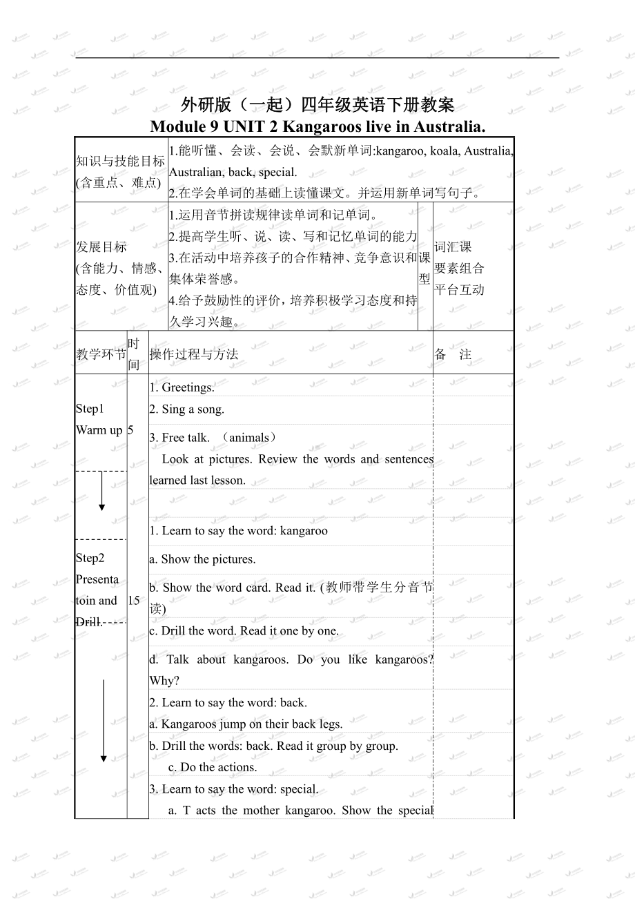 Module 9-Unit 2 Kangaroos live in Australia.-教案、教学设计-公开课-外研版四年级下册英语（一起）(配套课件编号：d066c).doc_第1页