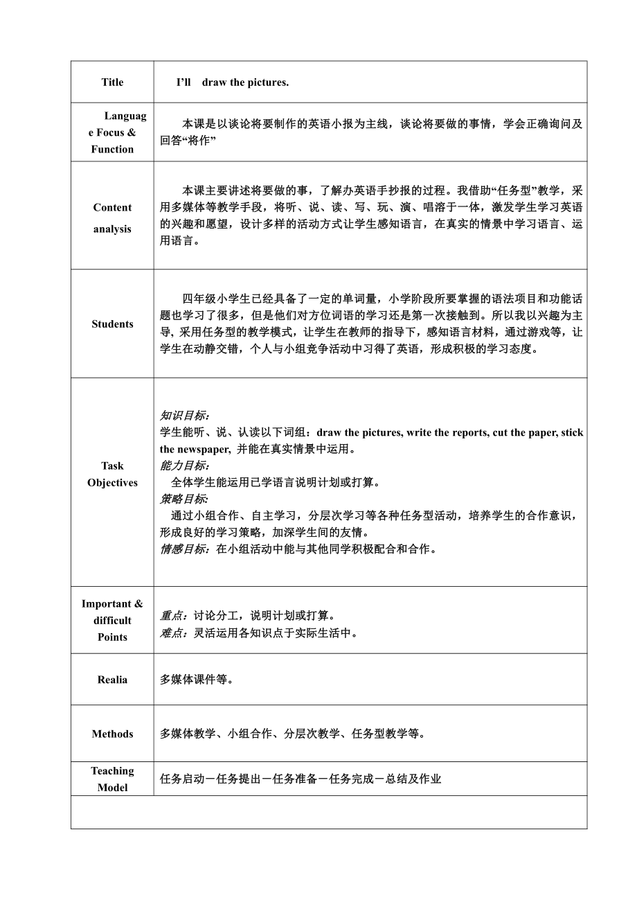 Module 6-Unit 1 I’ll draw the pictures.-教案、教学设计-公开课-外研版四年级下册英语（一起）(配套课件编号：00542).doc_第1页