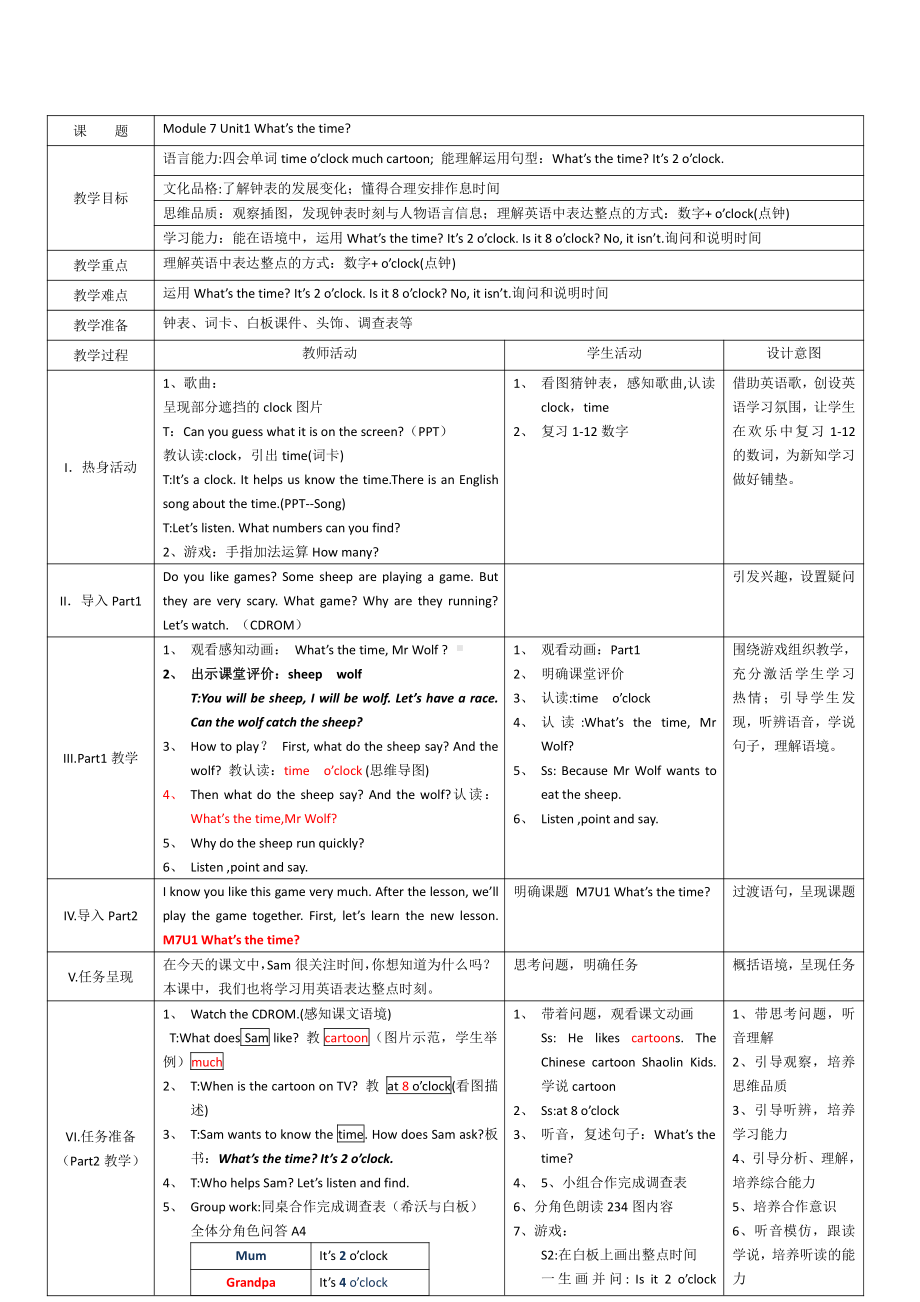 Module 7-Unit 1 What’s the time -教案、教学设计-县级公开课-外研版四年级下册（一起）英语(配套课件编号：70324).doc_第1页