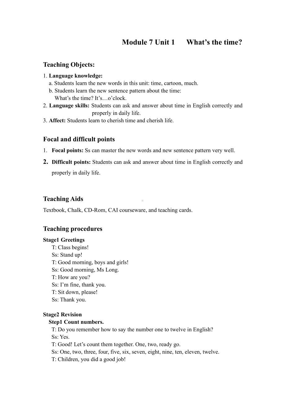 Module 7-Unit 1 What’s the time -教案、教学设计-县级公开课-外研版四年级下册（一起）英语(配套课件编号：612fd).doc_第1页