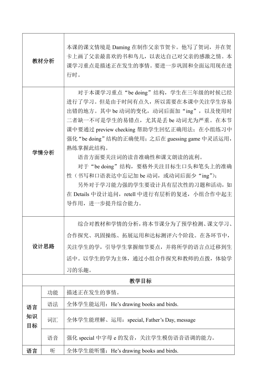 Module 5-Unit 2 He’s drawing books and birds.-教案、教学设计-部级公开课-外研版四年级下册（一起）英语(配套课件编号：91b9f).doc_第1页