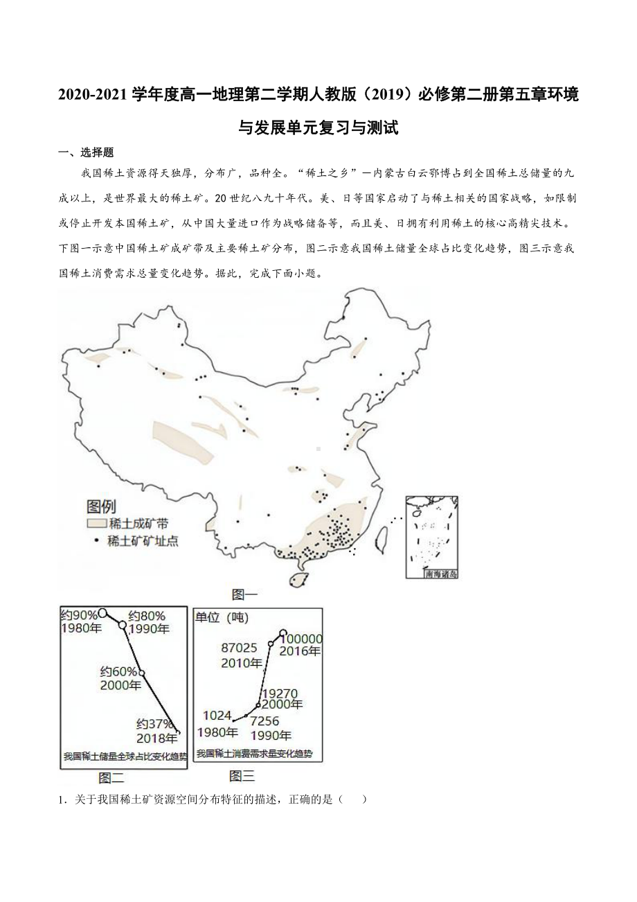 （2019新教材）人教版高中地理必修第二册第五章 环境与发展 单元复习与测试.docx_第1页