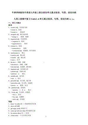 译林版初中英语九年级上册全册各单元重点短语、句型、语法归纳.doc