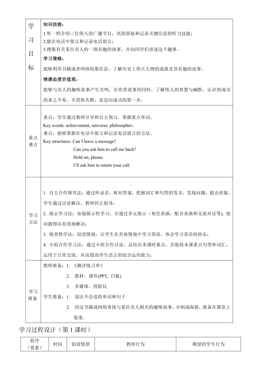 Unit 2 Great minds-Listening ﹠Speaking Three great minds;Leaving and taking phone messages-教案、教学设计-部级公开课-牛津深圳版九上(配套课件编号：523eb).doc_第1页