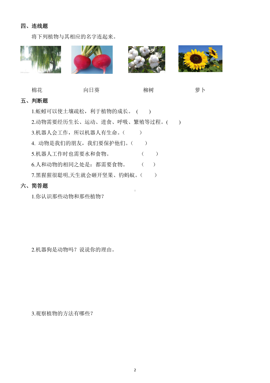 小学科学苏教版一年级下册第四单元《动物与植物》测试题.docx_第2页