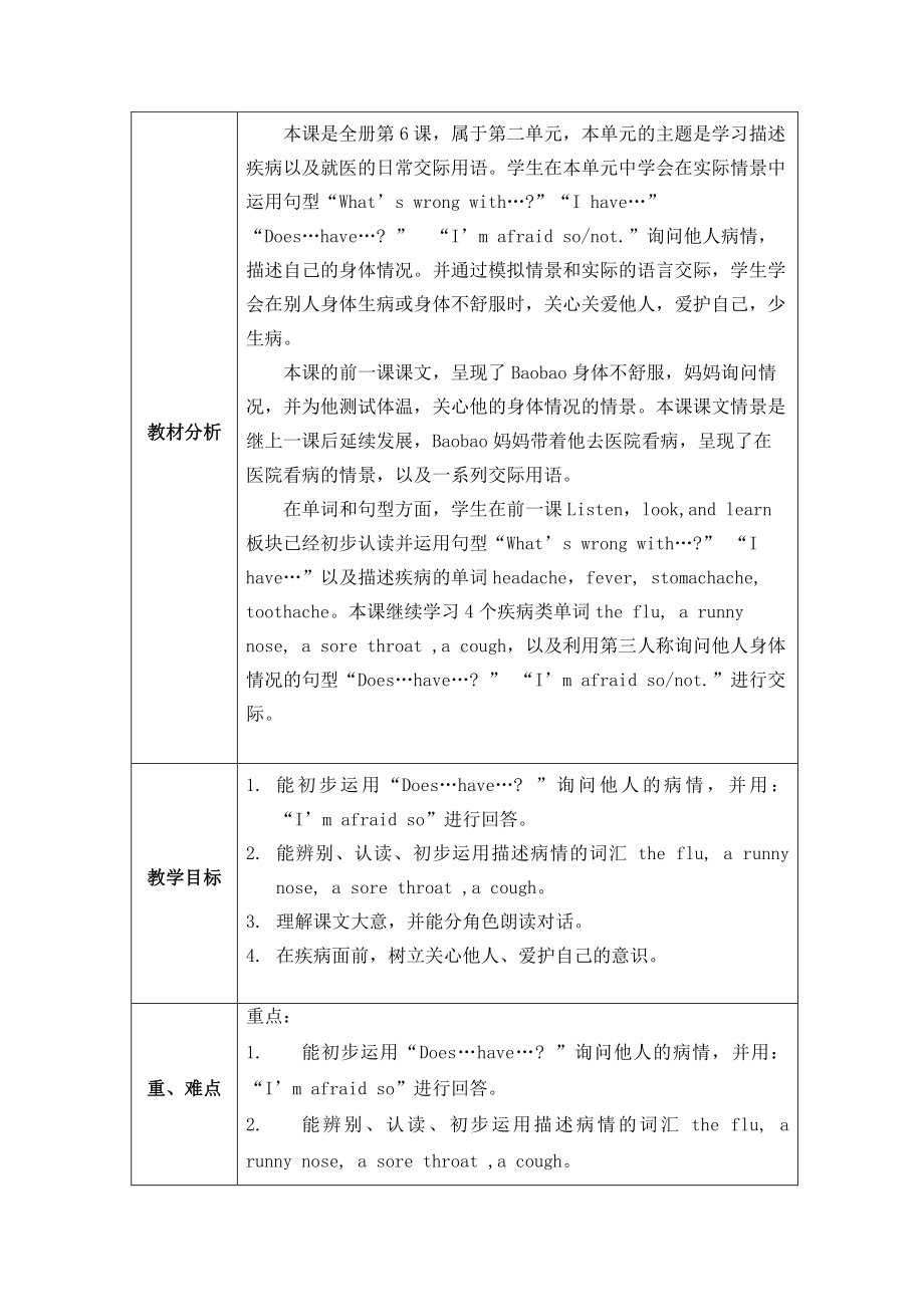 北京版四下UNIT TWO WHAT'S WRONG WITH YOU Lesson 6教案、教学设计(配套课件编号：40303).docx_第1页