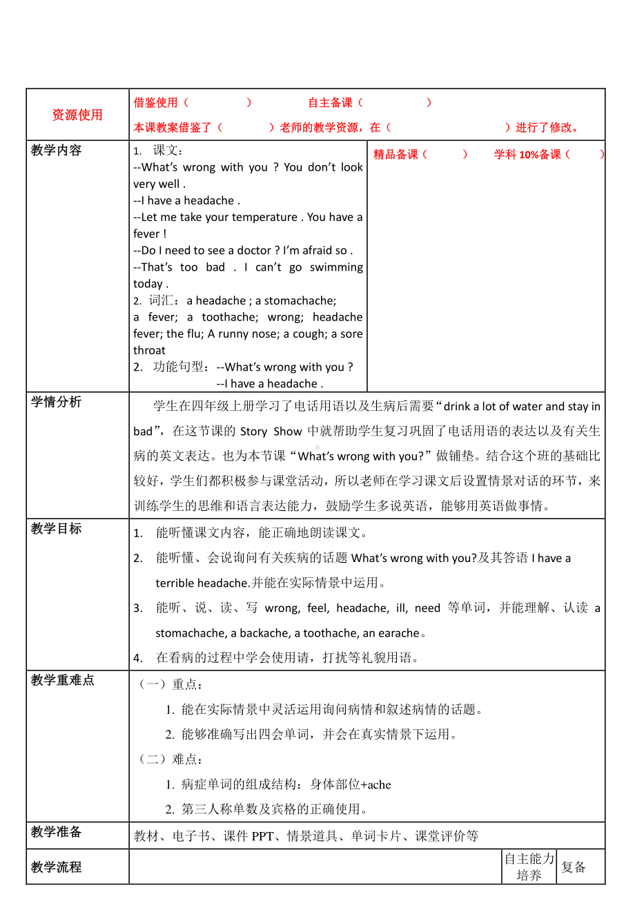 北京版四下UNIT TWO WHAT'S WRONG WITH YOU Lesson 5教案、教学设计(配套课件编号：10f9d).doc_第1页