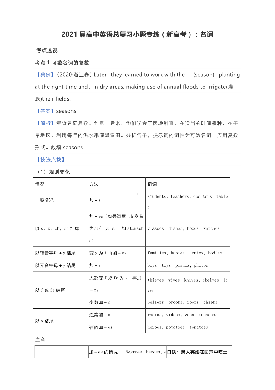 2021届高中英语总复习小题专练（新高考）：名词（附考点透视及考点突破及答案解析）.docx_第1页