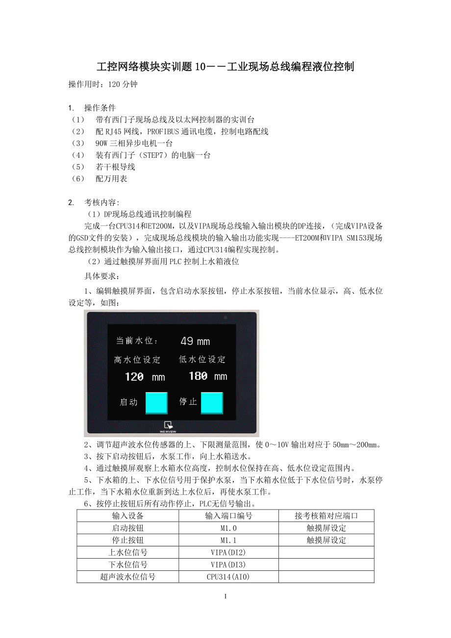 上海高级技师考试试题-工控网络实训题10-工业现场总线编程液位控制.doc_第1页