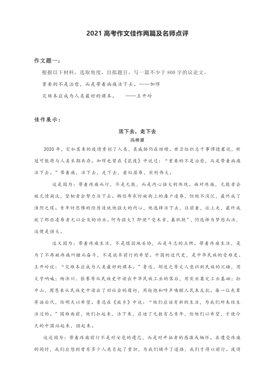 2021高考作文佳作两篇及名师点评.docx_第1页