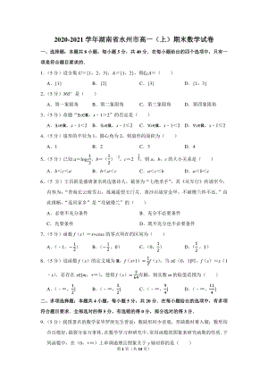 2020-2021学年湖南省永州市高一（上）期末数学试卷.docx