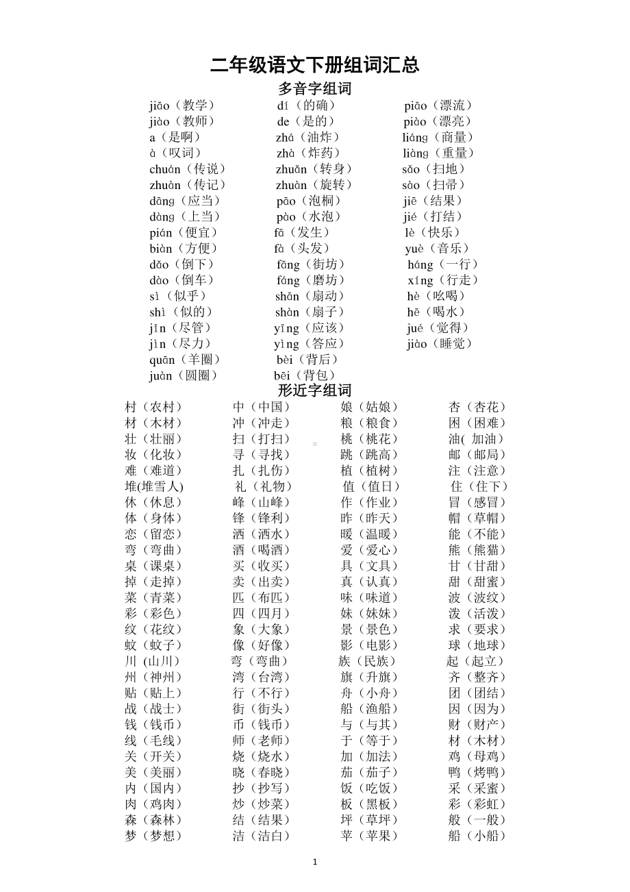 小学语文部编版二年级下册多音字形近字组词汇总（直接打印每生一份熟读熟记）.docx_第1页