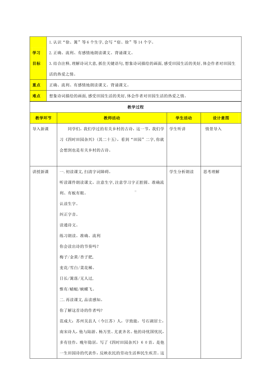 四年级语文下册教案-1、古诗词三首四时田园杂兴-人教部编版.doc_第1页