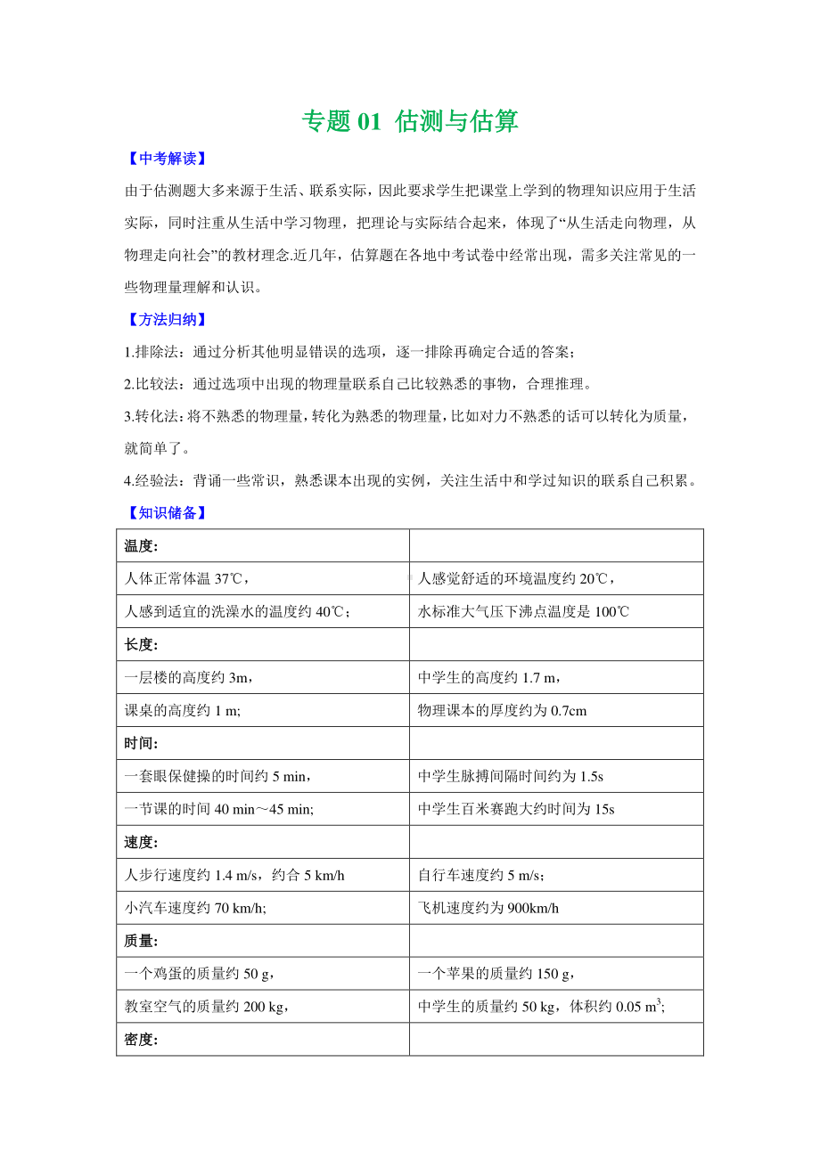 2020中考物理题型冲刺专题：1 估测与估算（学生版+解析版）.docx_第1页