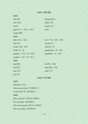 人教版PEP三年级下册英语Unit1-3-词汇句子总结.doc