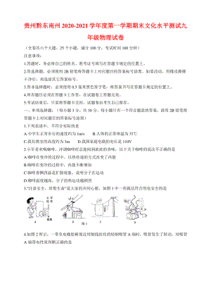 贵州黔东南州2020-2021学年度第一学期期末文化水平测试九年级物理试卷（附答案）.docx