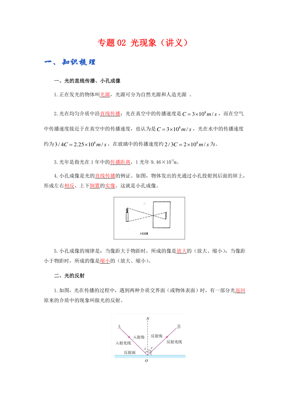 2022年九年级物理辅导讲义与练习：专题02 光现象（学生版+解析版）.docx_第1页