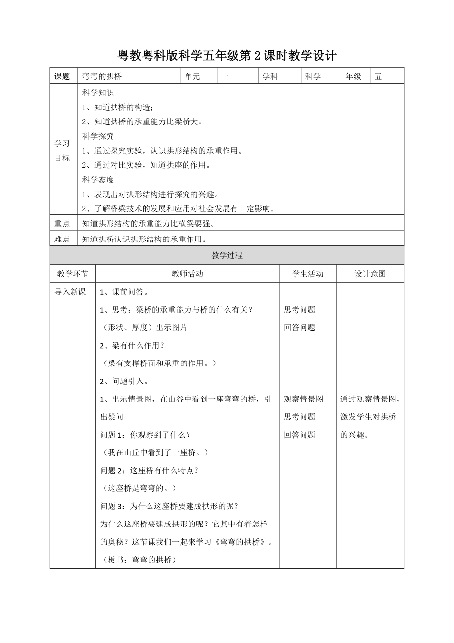 2020新粤教版五年级下册科学1.2《弯弯的拱桥》ppt课件（含教案+练习题等）.rar