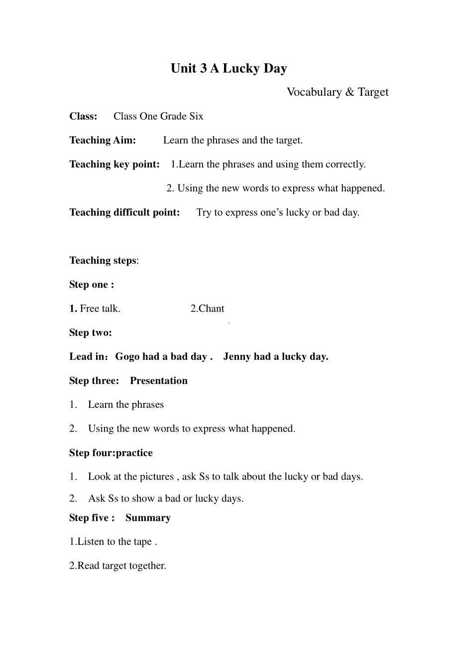 （广东）粤人版六年级下册-Unit 3 A Lucky Day-Lesson 2-教案、教学设计--(配套课件编号：94914).doc_第1页