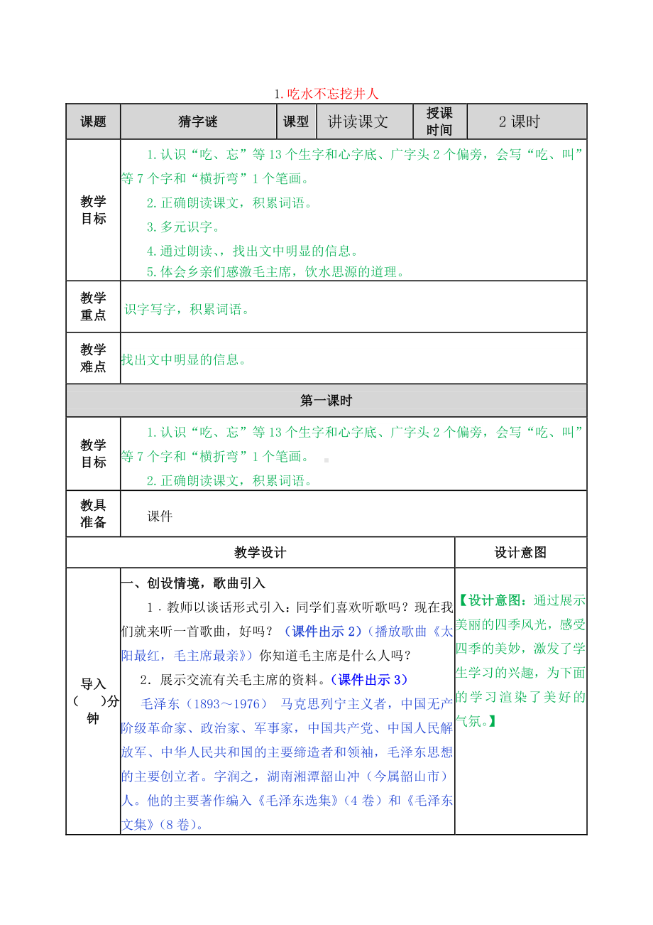 2021年部编版一年级语文下册第1课吃水不忘挖井人教案作业设计及答案.docx_第1页