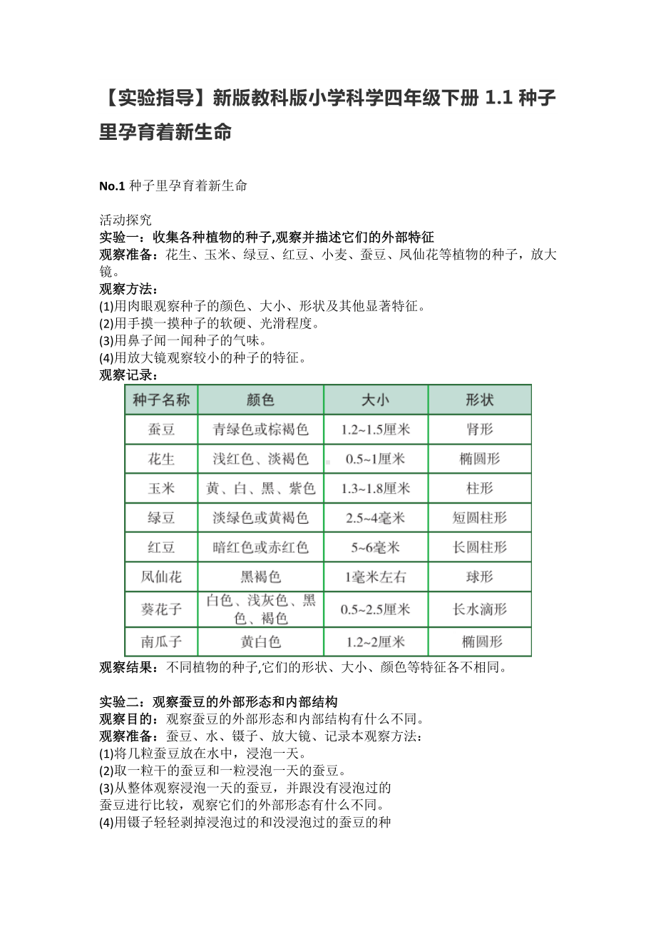 2021新教科版四年级下册科学1.1种子里孕育着新生命（实验指导）.doc_第1页