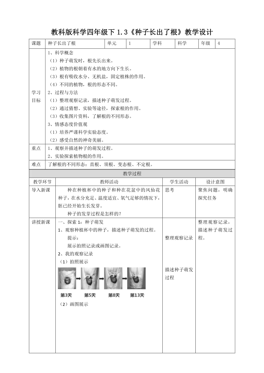 教科版四年级科学下册 1.3《种子长出了根》优秀教案（2套）.doc_第1页