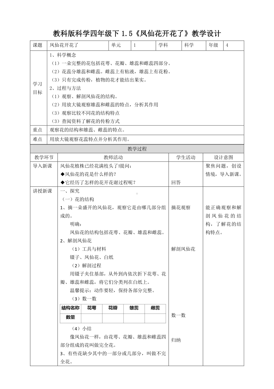 新教科版四年级科学下册1.5《凤仙花开花了》优秀教案（2套）.doc_第1页