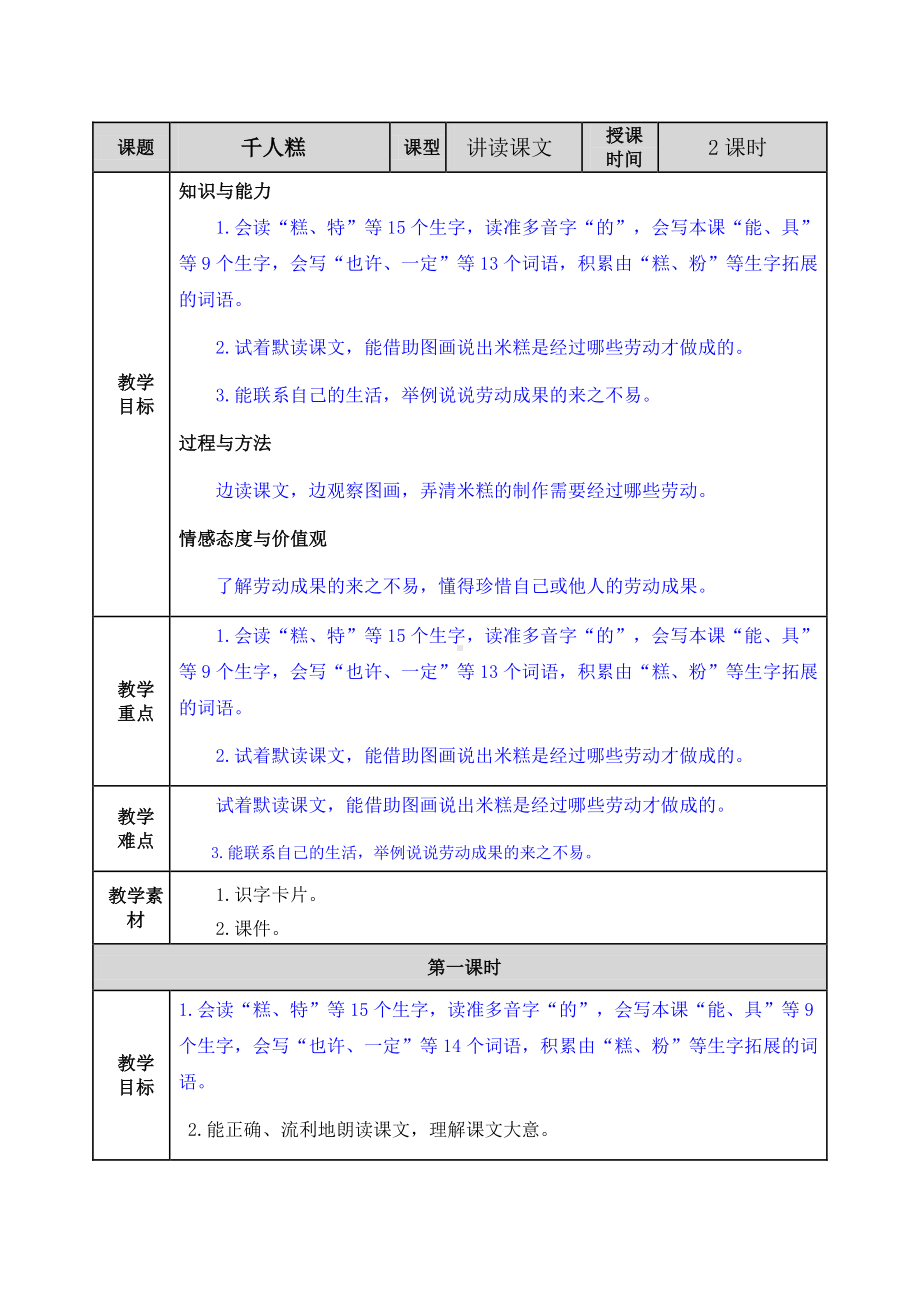 2021年春部编版二年级语文下册第6课千人糕教案表格式.doc_第1页