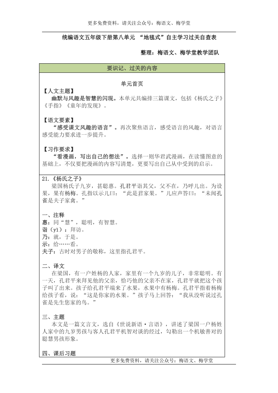 部编语文五年级下册第8单元“地毯式”自主学习过关自查表.pdf_第1页