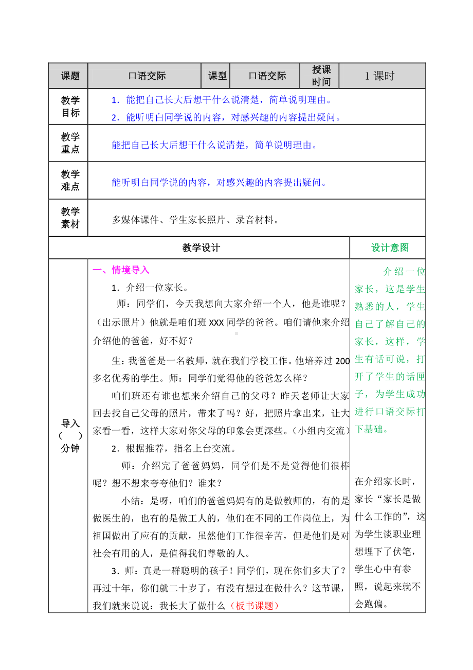 2021年春部编版二年级语文下册第三单元口语交际：长大以后做什么教案表格式.doc_第1页