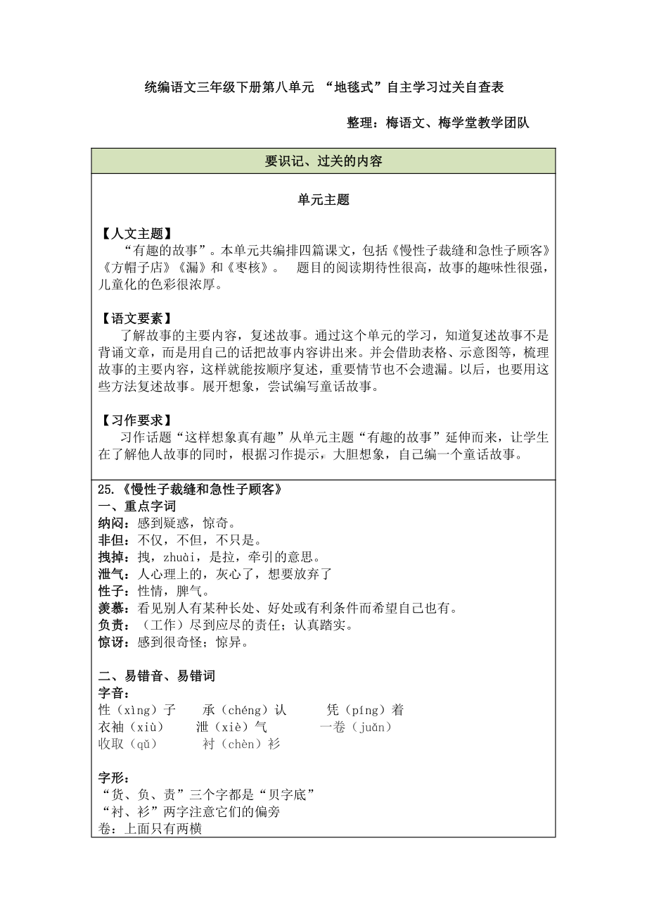 部编语文三年级下册第8单元 “地毯式”自主学习过关自查表.pdf_第1页