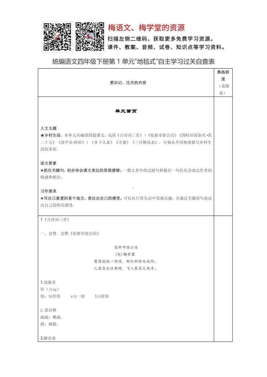 部编语文四年级下册第1单元“地毯式”自主学习过关自查表.pdf_第1页