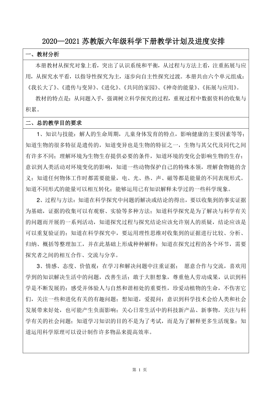 2021苏教版六年级科学下册教学计划及进度安排.docx_第1页