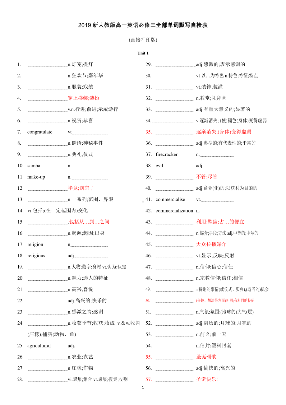 （新教材）2019新人教版高一英语必修三全部单词默写自检表(直接打印版).docx_第1页