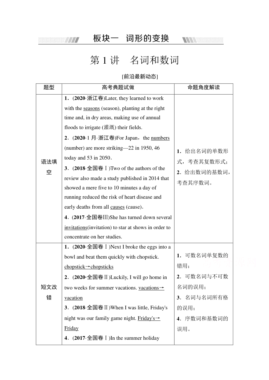 2022届高考（统考版）英语人教版一轮复习教学案：板块1 第1讲　名词和数词 （含解析）.doc_第1页