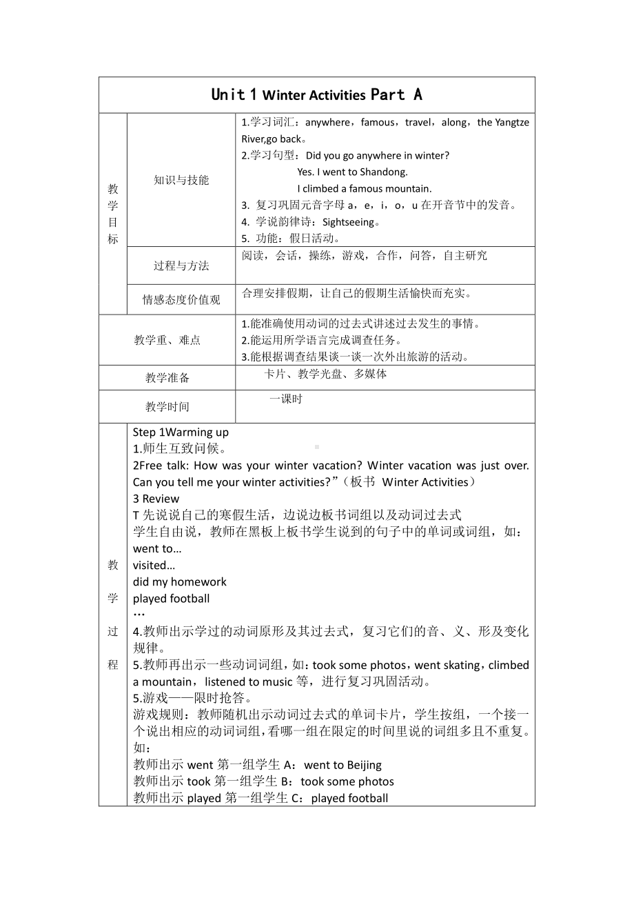 闽教版六年级下册-Unit 1 Winter Activities-Part A-教案、教学设计--(配套课件编号：62c8b).doc_第1页