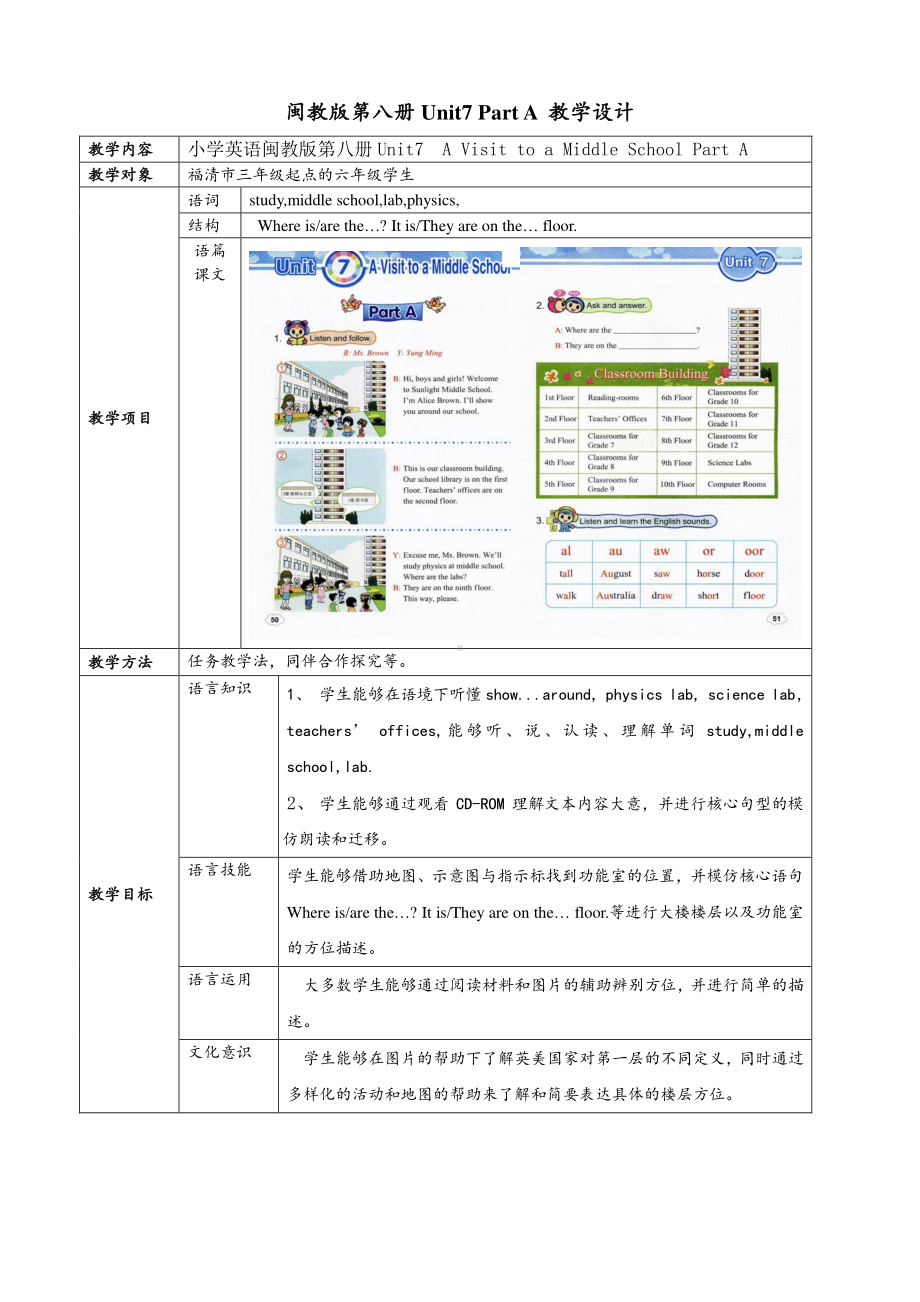 闽教版六年级下册-Unit 7 A Visit to a Middle School-Part A-教案、教学设计-公开课-(配套课件编号：8061f).doc_第1页