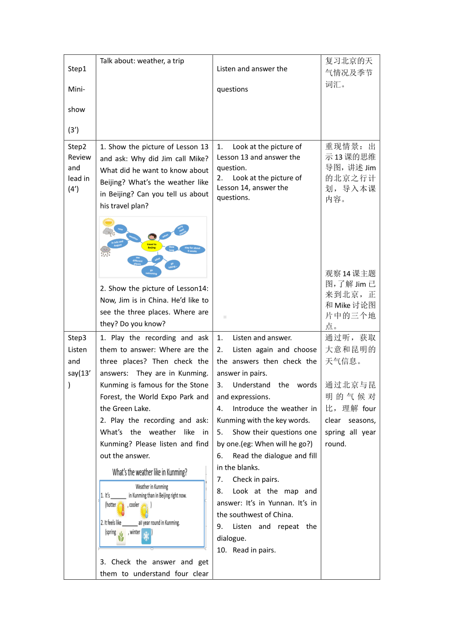 北京版六下UNIT FOUR WHAT'S THE WEATHER LIKE -Lesson 14-教案、教学设计(配套课件编号：f09c9).docx_第3页