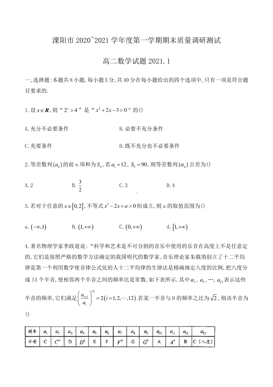 江苏省溧阳市2020-2021学年高二第一学期期末考试数学试题及答案.docx_第1页