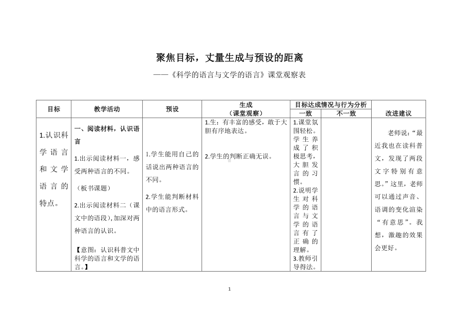 群文阅读：《科学的语言与文学的语言》课堂观察表.docx_第1页