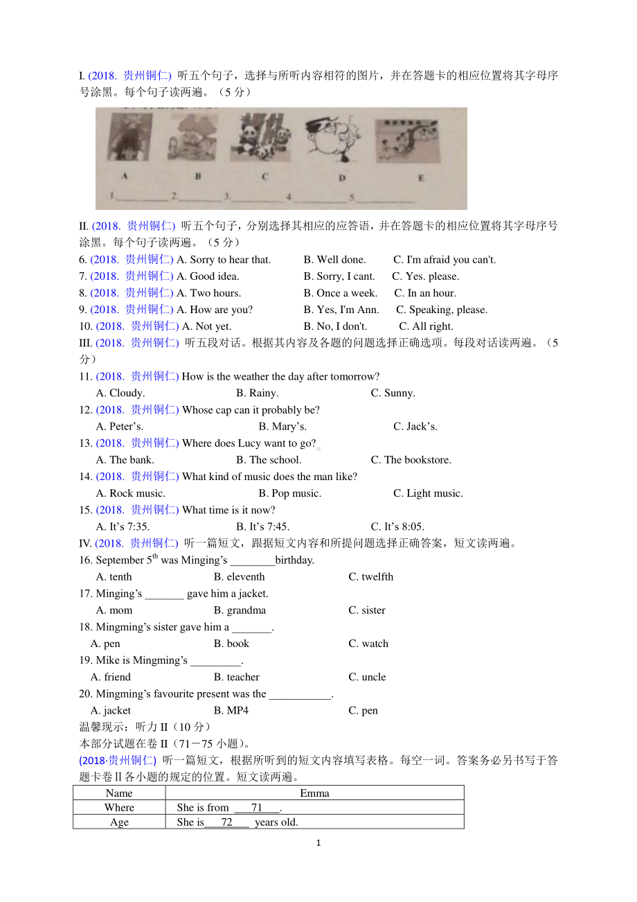 2018中考英语真题分类汇编：专题11、听力试题及录音材料.doc_第1页