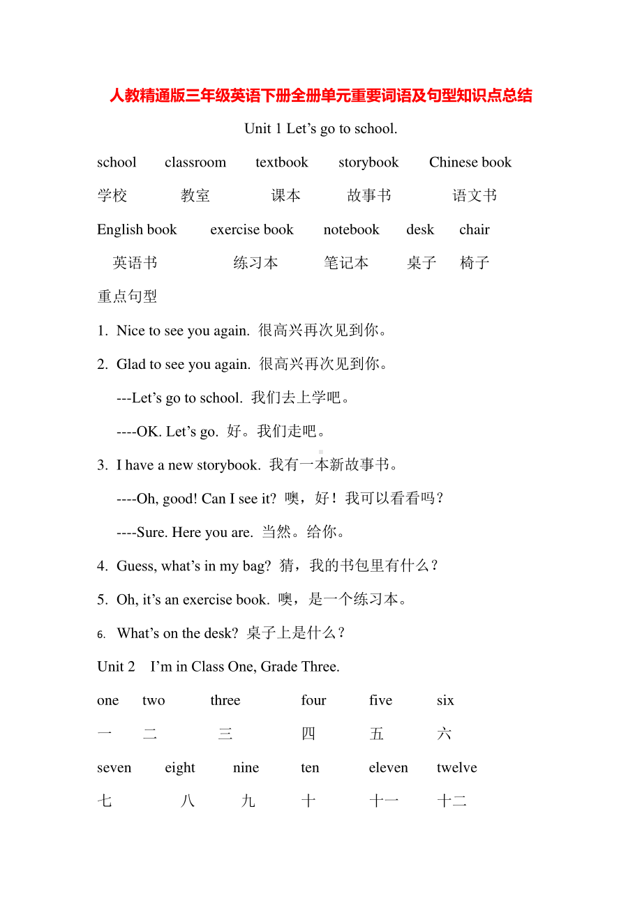 人教精通版三年级英语下册全册单元重要词语及句型知识点总结.doc_第1页