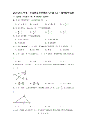 2020-2021学年广东省佛山市禅城区九年级（上）期末数学试卷.docx